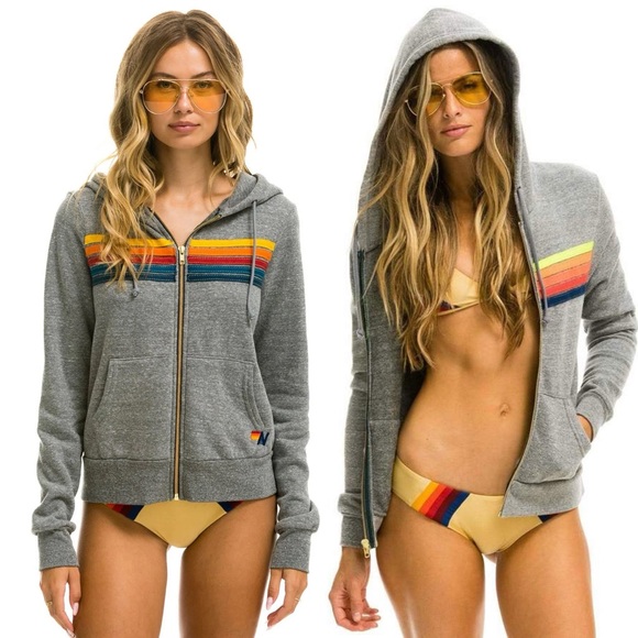 AVIATOR NATION Size XS 5 Stripe Hoodie Heather Grey Gray Zip Up Sweatshirt - Picture 1 of 10